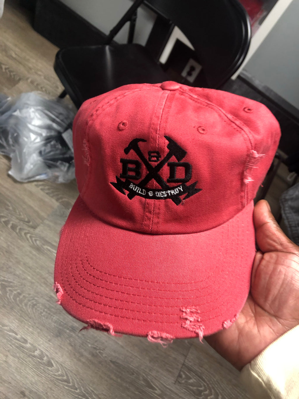 Red Build & Destroy distressed dad hat